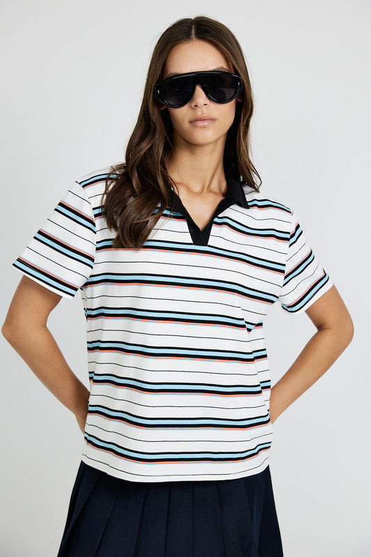 Classic Rib Striped Polo T Shirt-Cream & Black