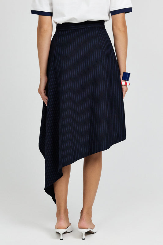 Pinstripe Asymmetric Wrap Skirt - Dark Navy