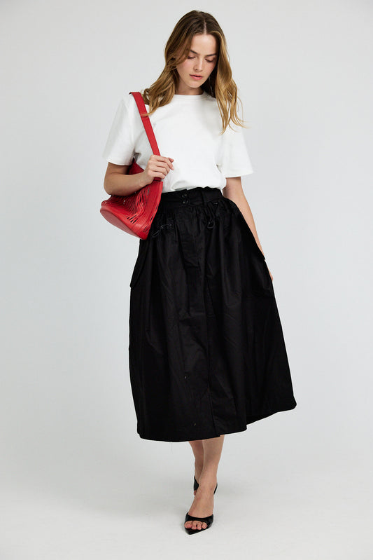 Utility Gathered Cotton Midi Skirt – Black