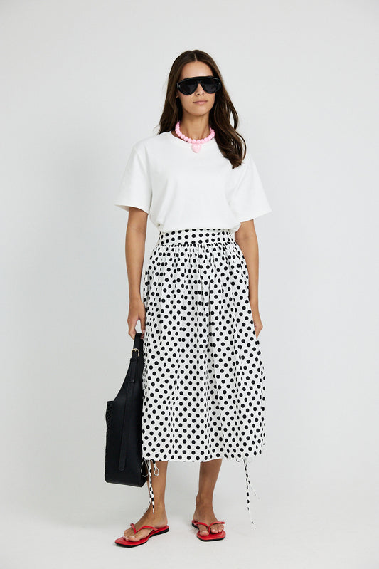 Balloon Drawstring Midi Skirt - White Large Polka Dot