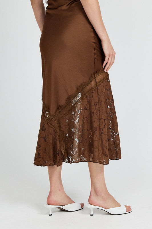 Lace Panel Satin Maxi Skirt – Brown