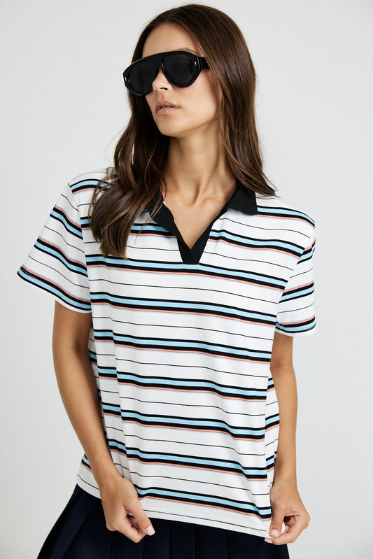 Classic Rib Striped Polo T Shirt-Cream & Black