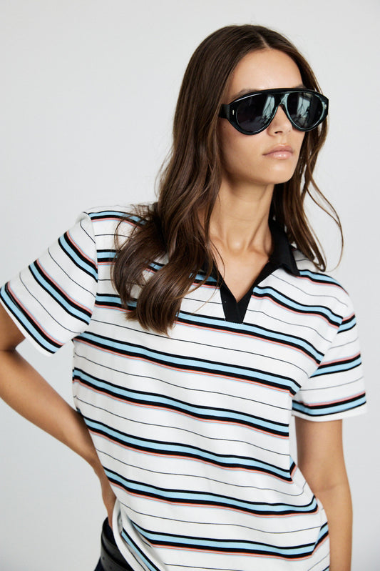 Classic Rib Striped Polo T Shirt-Cream & Black
