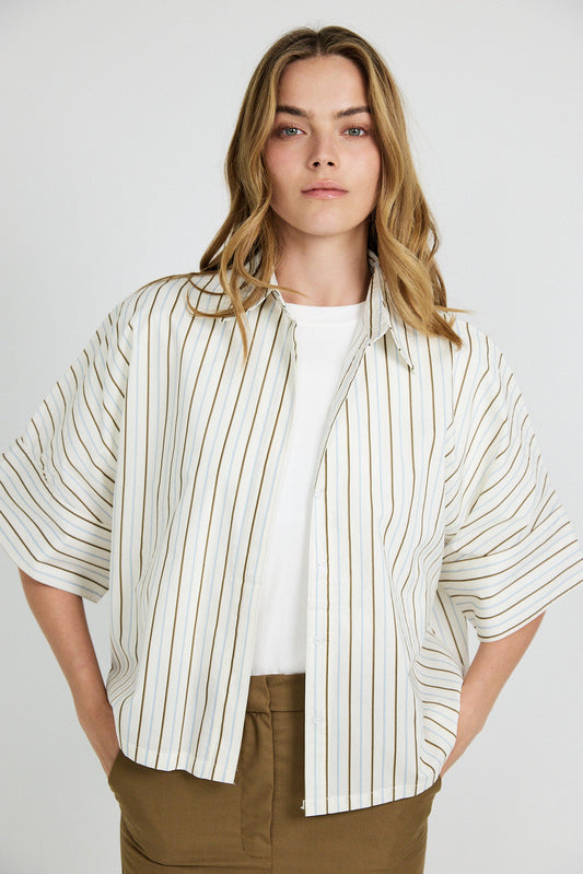 Monroe Oversized Batwing Stripe Shirt –Cream & Coffee