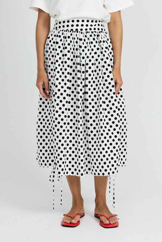 Balloon Drawstring Midi Skirt - White Large Polka Dot