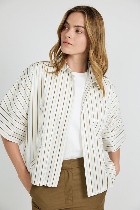 Monroe Oversized Batwing Stripe Shirt –Cream & Coffee