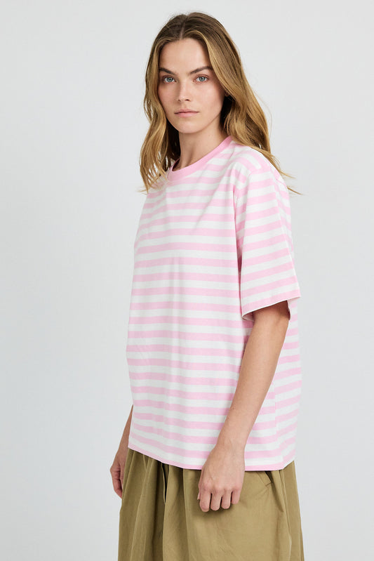 Oversized Striped Basic T-Shirt – Pink & Cream