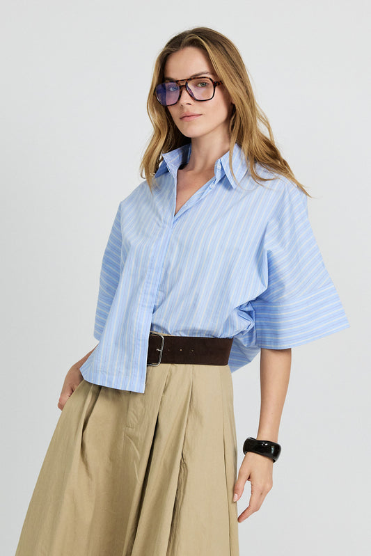 Monroe Oversized Batwing Stripe Shirt –Sky Blue