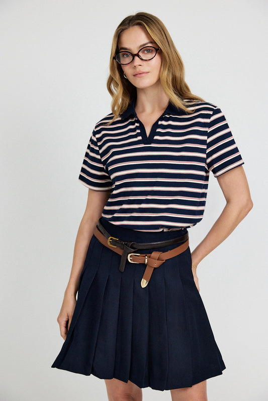 Classic Rib Striped Polo T Shirt-Navy & Cream
