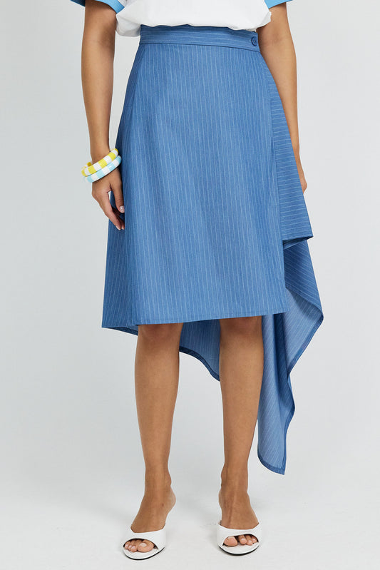 Pinstripe Asymmetric Wrap Skirt - Sky Blue