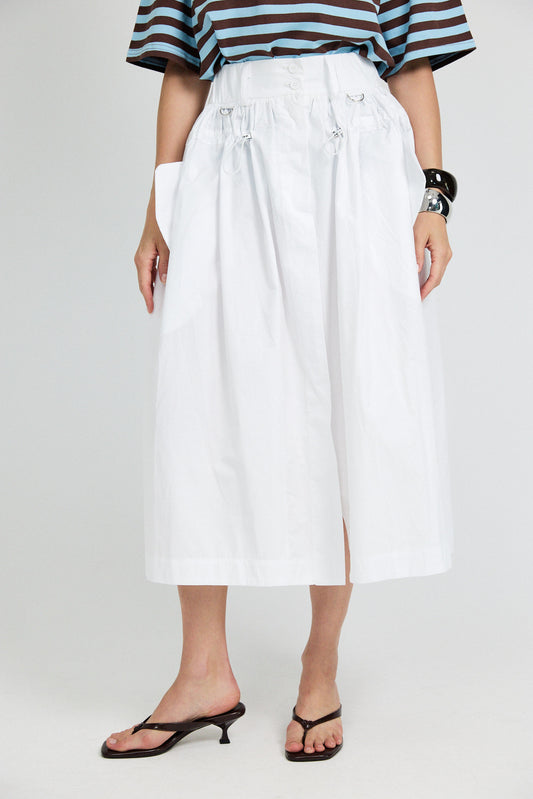Utility Gathered Cotton Midi Skirt – White