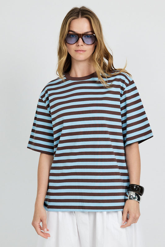 Oversized Striped Basic T-Shirt – Turquoise & Brown
