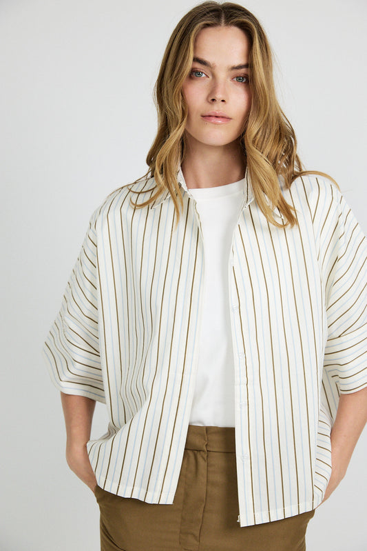 Monroe Oversized Batwing Stripe Shirt –Cream & Coffee