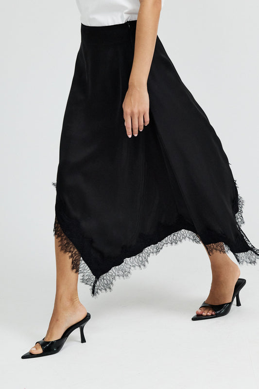 Lace Trim Asymmetric Satin Skirt - Black