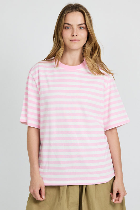 Oversized Striped Basic T-Shirt – Pink & Cream