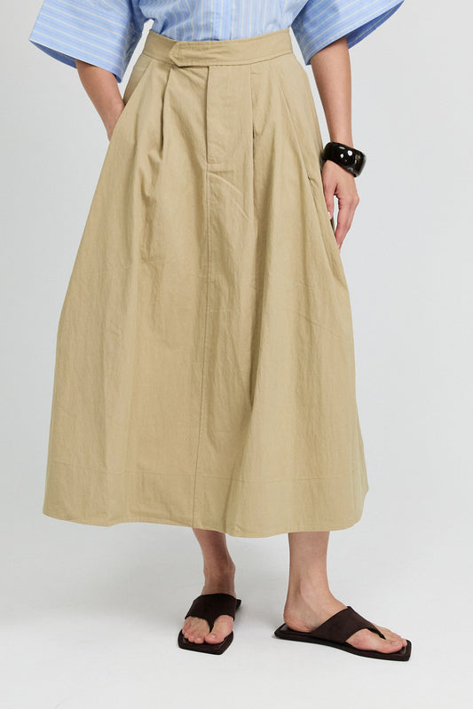 Classic Cotton A-Line Midi Skirt – Beige