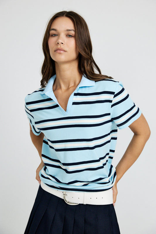 Classic Rib Striped Polo T Shirt-Sky Blue & Navy