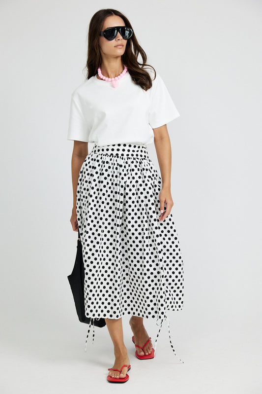 Balloon Drawstring Midi Skirt - White Large Polka Dot