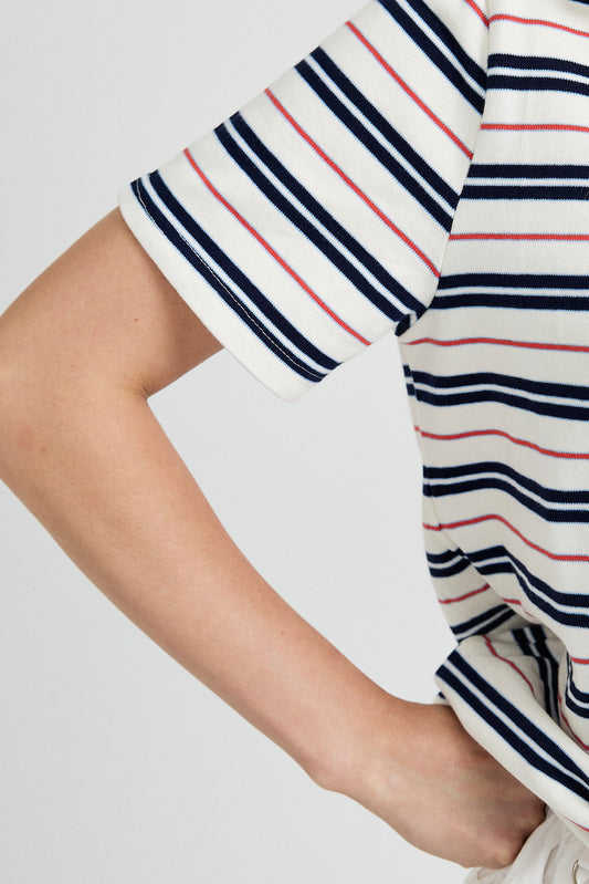 Classic Cotton Rib Striped T Shirt – cream-Navy