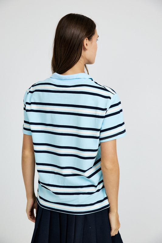 Classic Rib Striped Polo T Shirt-Sky Blue & Navy