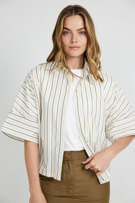 Monroe Oversized Batwing Stripe Shirt –Cream & Coffee