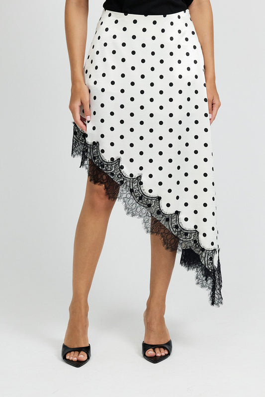 Polka Dot Lace Trim Asymmetric Satin Skirt - Cream