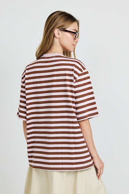 Oversized Striped Basic T-Shirt – Pink & Brown