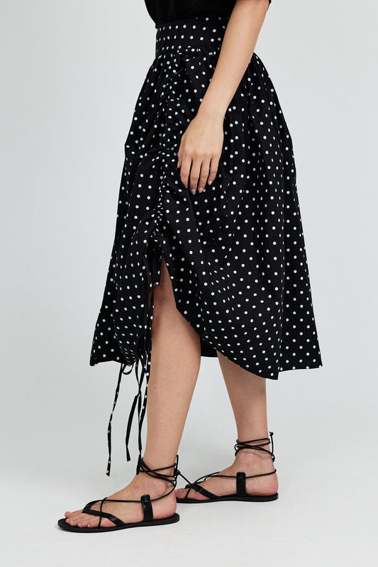 Balloon Drawstring Midi Skirt - Black Polka Dot