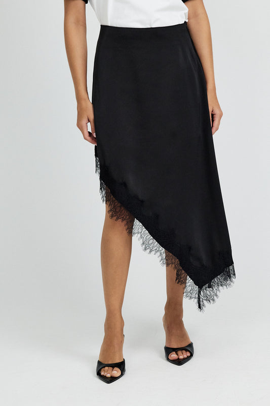 Lace Trim Asymmetric Satin Skirt - Black