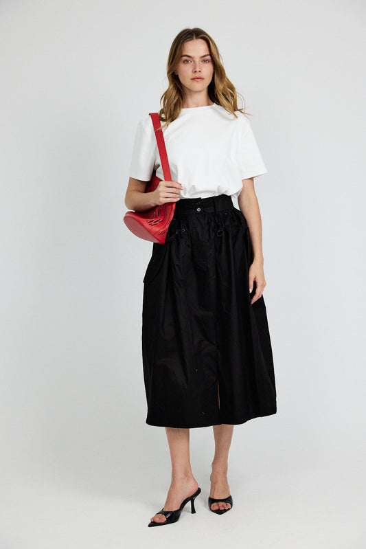 Utility Gathered Cotton Midi Skirt – Black