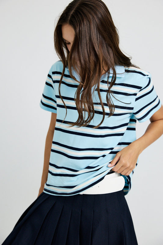 Classic Rib Striped Polo T Shirt-Sky Blue & Navy
