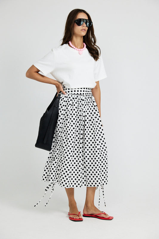 Balloon Drawstring Midi Skirt - White Large Polka Dot