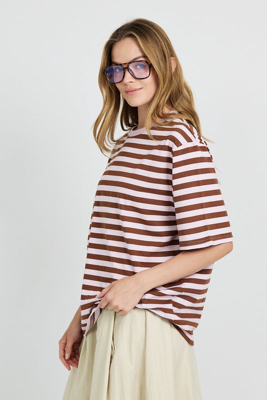 Oversized Striped Basic T-Shirt – Pink & Brown