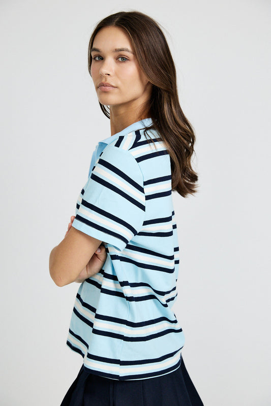 Classic Rib Striped Polo T Shirt-Sky Blue & Navy