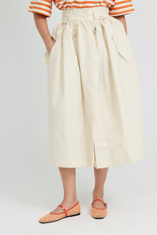 Utility Gathered Cotton Midi Skirt – Light Beige