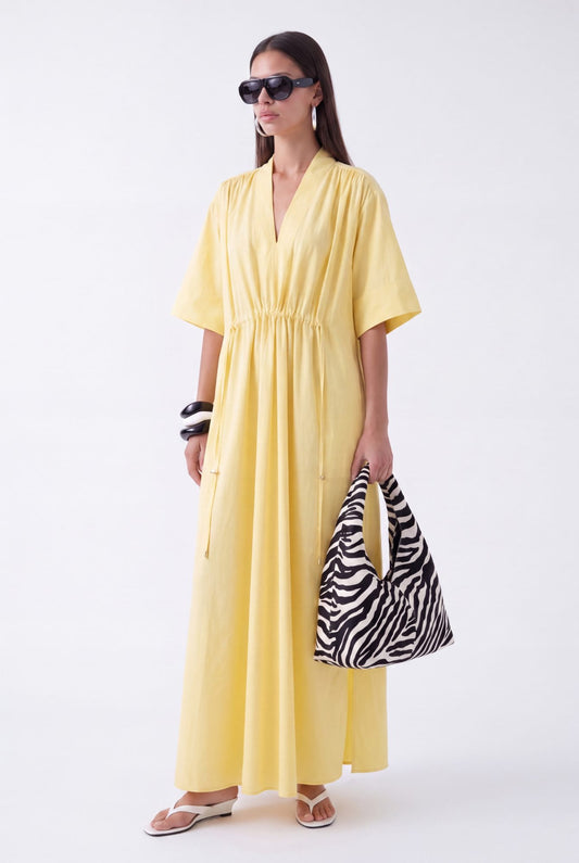 AURELIA CINCHED MIDI DRESS - צהוב