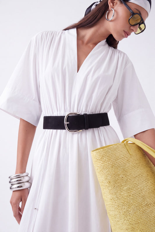 AURELIA CINCHED MIDI DRESS - לבן