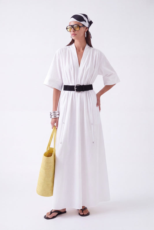 AURELIA CINCHED MIDI DRESS - לבן