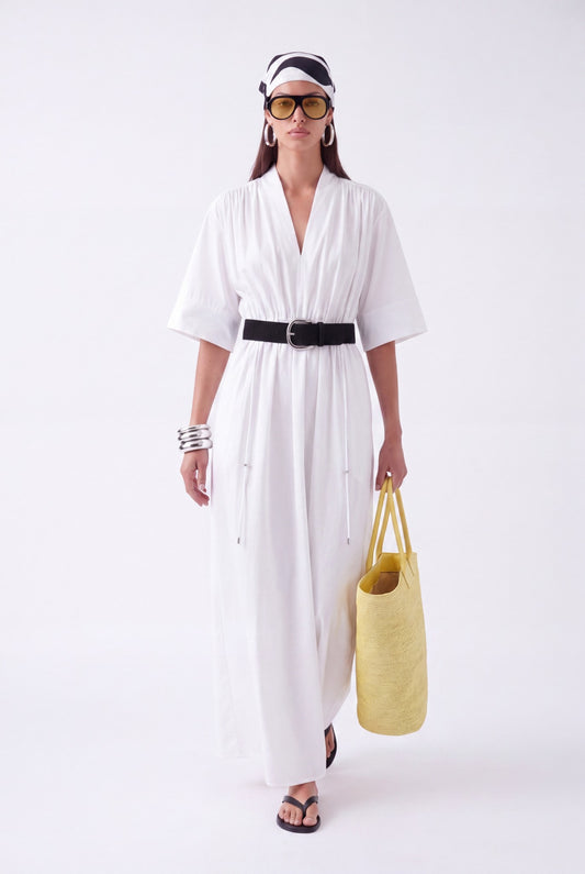 AURELIA CINCHED MIDI DRESS - לבן
