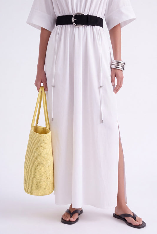 AURELIA CINCHED MIDI DRESS - לבן