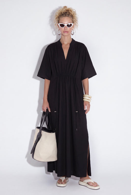 AURELIA CINCHED MIDI DRESS - שחור