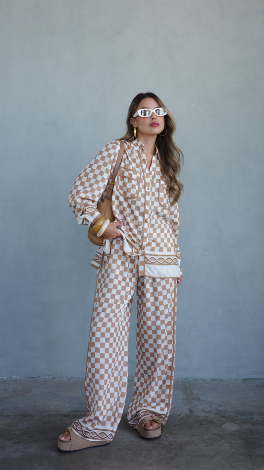 חליפת מכנס ברבדוס משבצות | בז/חום