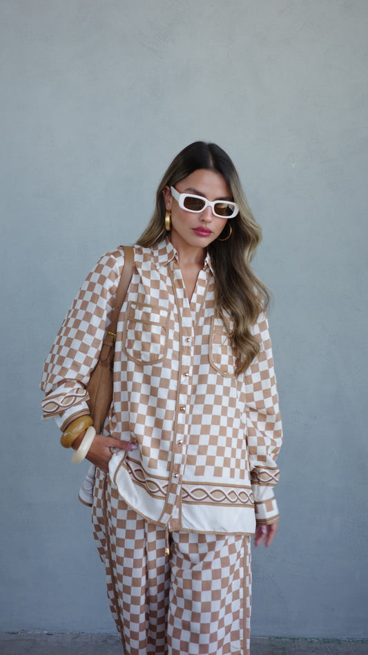 חליפת מכנס ברבדוס משבצות | בז/חום