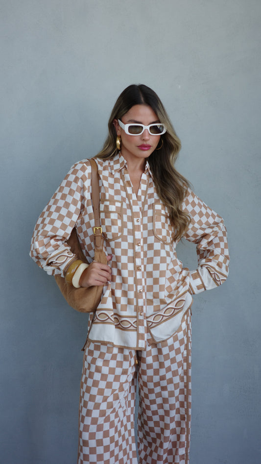 חליפת מכנס ברבדוס משבצות | בז/חום