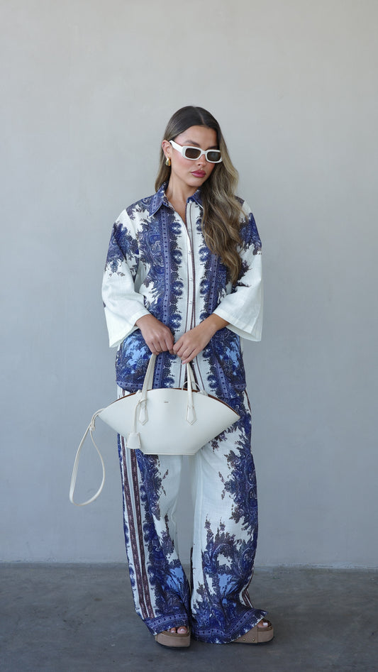 חליפת מכנס ולנסיה | שמנת/כחול