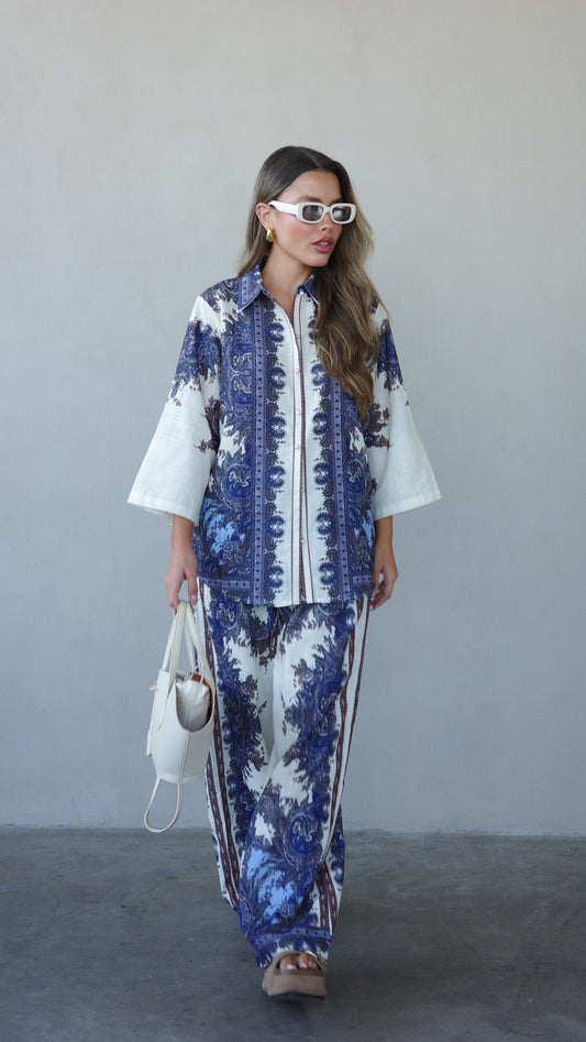 חליפת מכנס ולנסיה | שמנת/כחול