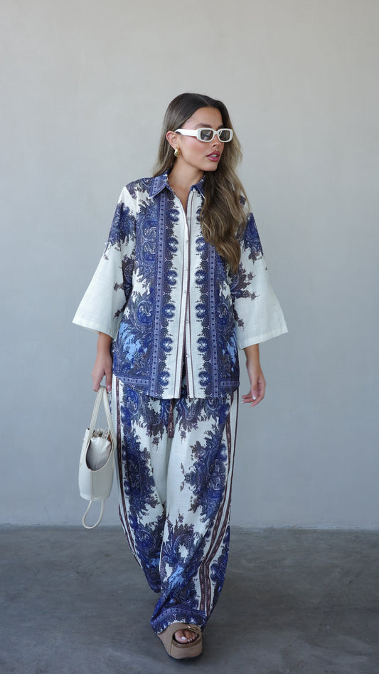 חליפת מכנס ולנסיה | שמנת/כחול