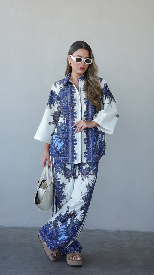 חליפת מכנס ולנסיה | שמנת/כחול