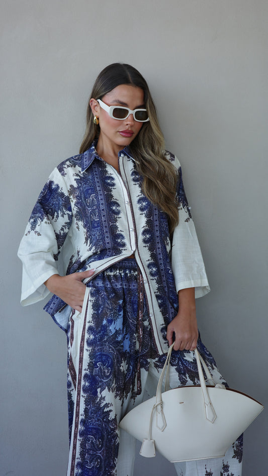 חליפת מכנס ולנסיה | שמנת/כחול