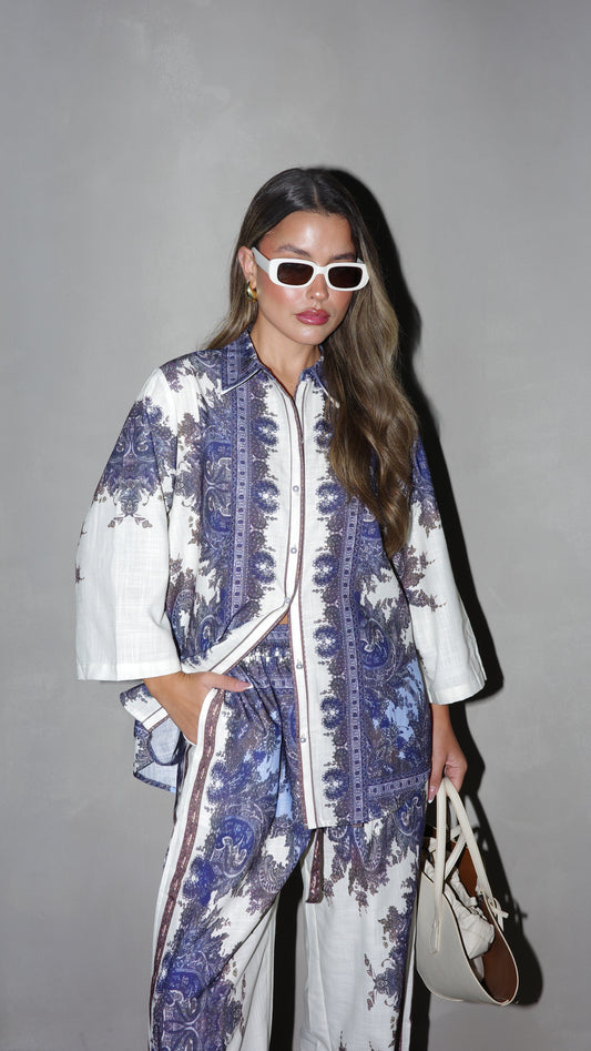 חליפת מכנס ולנסיה | שמנת/כחול